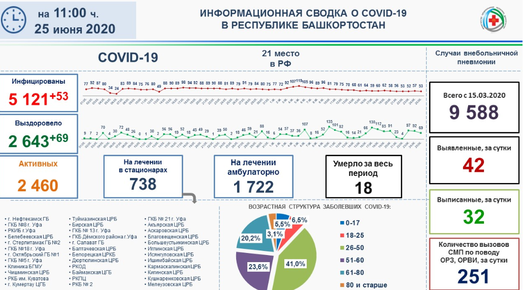 В стационарах Башкирии лечение от коронавируса проходят 738 человек.